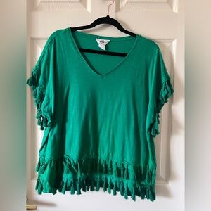 For The Republic Green V-Neck Tassel Fringe TShirt 1X